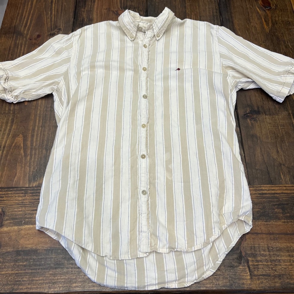 Marlboro Classics‎ Button Down Shirt Tan Beige Stripe Short Sleeve Mens Small